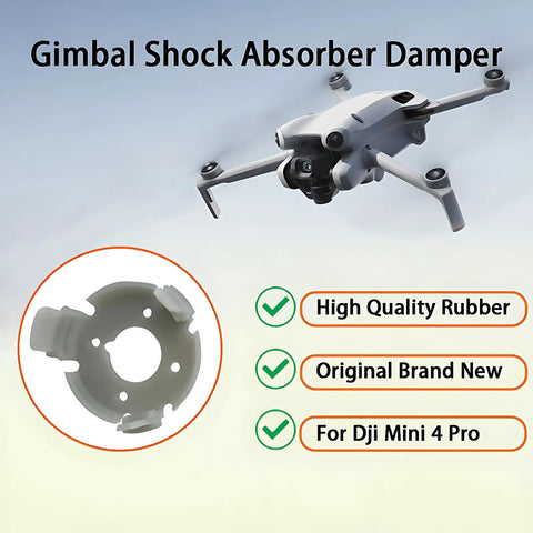 Replacement Rubber Gimbal Shock Absorbers For DJI Mini 4 Pro Drone with highlighted absorber features and drone image in flight