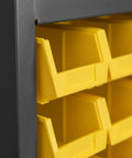 Heavy Duty Gray Steel Storage Cabinet With Four Adjustable Shelves And 144 Organizational Bins showing yellow bins for organization.