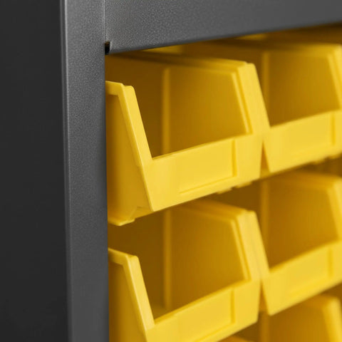 Heavy Duty Gray Steel Storage Cabinet With Four Adjustable Shelves And 144 Organizational Bins showing yellow bins for organization.