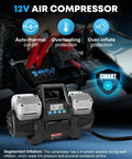 Hassle Free 12 Volt Four Cylinder Fast Tire Inflator With Smart Auto Stop Digital Readout connected to a car battery.