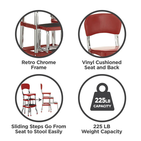 Stylaire Retro Chair And 2 Step Stool With Pull Out Steps, 7 Ft 11 In Max Reach, 200 Lb Capacity, Steel And Vinyl Red, detail view