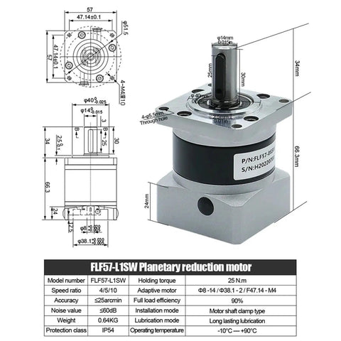 Premium High Precision Planetary Gearbox And Speed Reducer Built For Nema23 57 Stepper Motors With 8mm Input And 14mm Output, detailed dimensions.