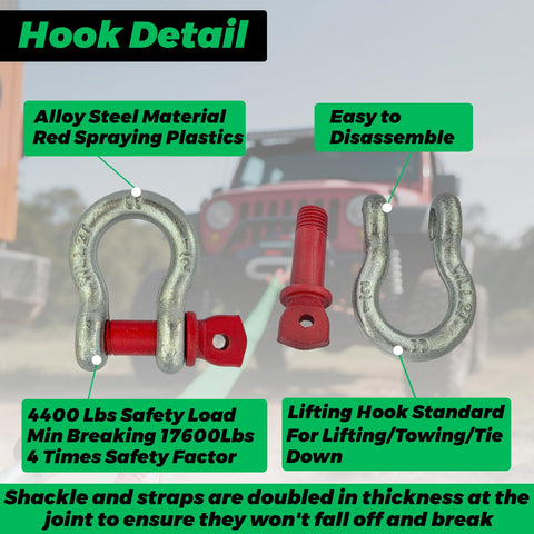 Close-up of lifting hooks and shackles from Lift Sling Straps 2 Inch By 6.5 Foot Web Sling Set With D Ring Shackles, Heavy Duty 4400 Lbs Safe Working Load And 17600 Lbs Break Strength, Recovery Strap For Hoist, Car Recovery, Tree Saver, Winch Rescue, 2 Pack against Jeep background.