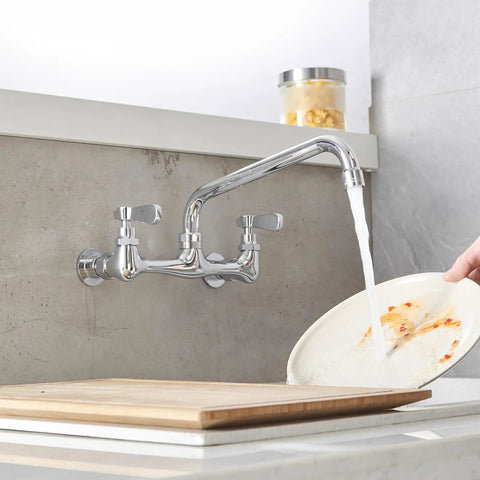Heavy Duty Wall Mount Utility Sink Faucet With 10 Inch Chrome Swivel Spout, 2-Handle Bar Style Mixer Tap streaming water into a plate