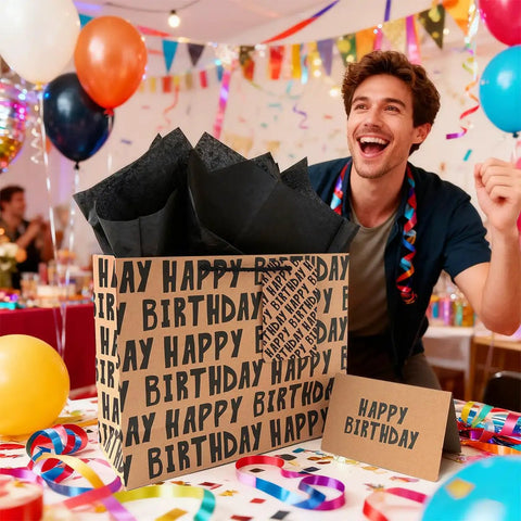 Large Kraft Birthday Gift Bag Set With Classic Black Happy Birthday Lettering Includes Greeting Card Hang Tag Kraft Envelope And Tissue Paper All In One Gift Kit For Men Boys And Kids displayed at a birthday party.