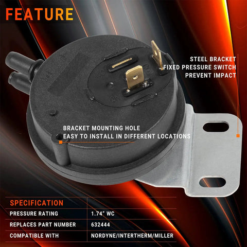 Air Pressure Switch 1.74 In WC Replacement for Intertherm and Miller HVAC Gear with steel bracket, part number 632444