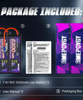 Package contents of Two Pack 7.4V 5200mAh 80C LiPo Battery 2S with hard case for RC cars and trucks and user manual.