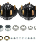 Front view of AEagle 5-lug trailer hub kit with two black 4.5 inch bolt-circle hubs, bearings, races, seals and lug nuts