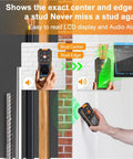 Slick Rechargeable Stud Finder With Bright LCD Display And Heavy Duty Underground Cable Tracker detecting a metal stud with audio alarm.