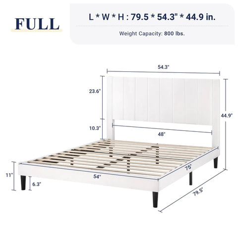 Full Size Velvet Upholstered Bed Frame With Channel Tufted Headboard And Heavy Duty Wooden Slats Platform Bed Base No Box Spring Required Easy Peasy Assembly Straight Up Luxe White Look dimensions and features