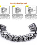 Pro Grade Heavy Duty 15 Piece ER20 Collet Set Ranging 1 To 13 mm shown with installation method steps and collets arrangement