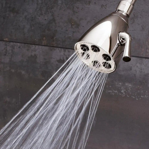 S-2252-PN-E2 Signature Brass Icon Anystream Adjustable Shower Head with water flow, polished nickel finish, close-up view