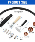 Air Tire Repair And Polishing Kit tools and sizes including buffer, roller, scraper, and tungsten heads laid out with measurements