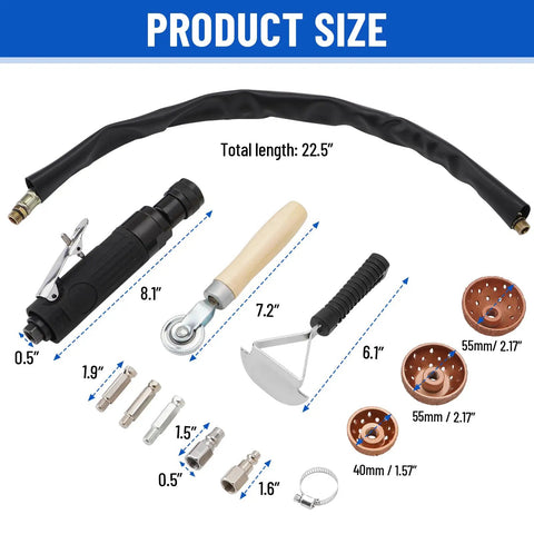 Air Tire Repair And Polishing Kit tools and sizes including buffer, roller, scraper, and tungsten heads laid out with measurements