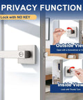 Three Pack Satin Nickel Privacy Door Levers, shown with lock without key, highlighting outside and inside views for bedroom and bathroom.
