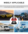 Two Pack Insulated Power Distribution Block With Cover For Car RV Marine Boat 12V 200A Dual Stud Battery Terminal Post Positive Negative Includes M8 And M10 Studs Heavy Duty Bus Bar shown with car, truck, RV, and boat.
