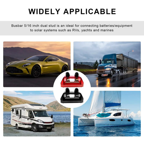 Two Pack Insulated Power Distribution Block With Cover For Car RV Marine Boat 12V 200A Dual Stud Battery Terminal Post Positive Negative Includes M8 And M10 Studs Heavy Duty Bus Bar shown with car, truck, RV, and boat.