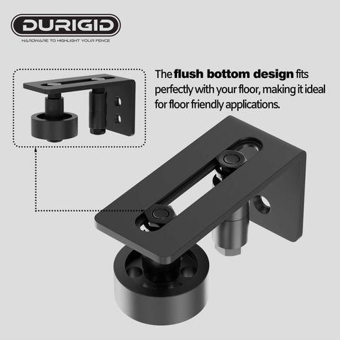 2 Pack Barn Door Floor Guides With Felt Strips For Quiet Smooth Operation Bottom Roller Guides For Flush Mounted Doors Durable POM Nylon Rollers For Ultra Wear Resistance Anti Noise And Touch 8 Roller Configurations Includes Expansion Bolts Black, showing flush design and roller configuration