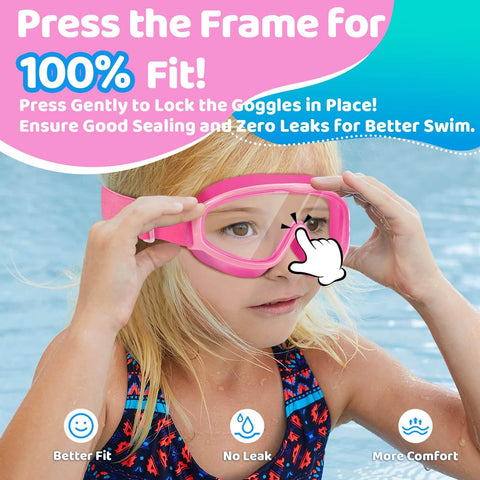 Child wearing pink kids swim goggles with no hair pulling comfort fabric strap, adjusting fit for no leaks, pool background.
