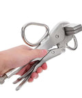 Heavy Duty Pro Grade Auto Body Clamp Pliers With Extra Wide Duckbill Jaw in hand, showing metal construction and precise locking mechanism.