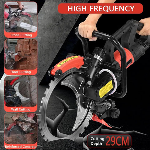 Heavy Duty 12000W Concrete Ring Saw With Two Diamond Blades For Deep Wall Chasing And Cutting Brick Tile Stone Up To 30cm, shown cutting through stone.