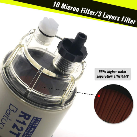 Marine Fuel Water Separator Filter, 10 Micron Replacement For S3240, 120AT, clear top showing filter and fittings, 3/8 NPT threads