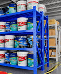 Heavy Duty Four Tier Steel Shelving Unit Bolt Free Assembly Garage Workshop Utility Storage Rack For Tools Pantry Organization with blue shelves holding paint buckets.
