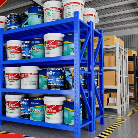 Heavy Duty Four Tier Steel Shelving Unit Bolt Free Assembly Garage Workshop Utility Storage Rack For Tools Pantry Organization with blue shelves holding paint buckets.