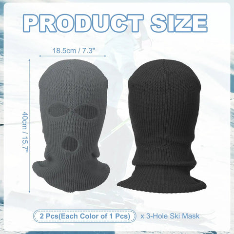 Two black and dark gray Three Hole Full Face Ski Mask Balaclavas for Winter Sports with dimensions 40cm x 18.5cm.