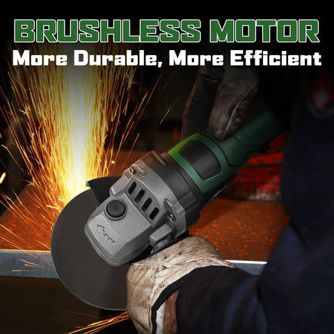 Cordless 20V 5 Inch Angle Grinder With Brushless Motor, Beast Power, sparks flying during metal cutting, includes 2X 4.5Ah Batteries