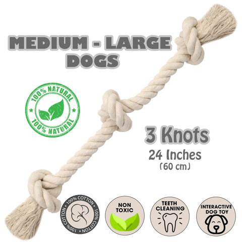 Natural White Cotton Dog Rope Toy For Medium And Large Dogs Built Tough And Non Toxic Premium Durable Rope Toy With 3 Knots