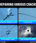 Windshield Crack Repair Kit For Chips And Cracks, Quick Easy Auto Glass Repair Tool demonstrating crescent, long, and eye-shaped cracks.