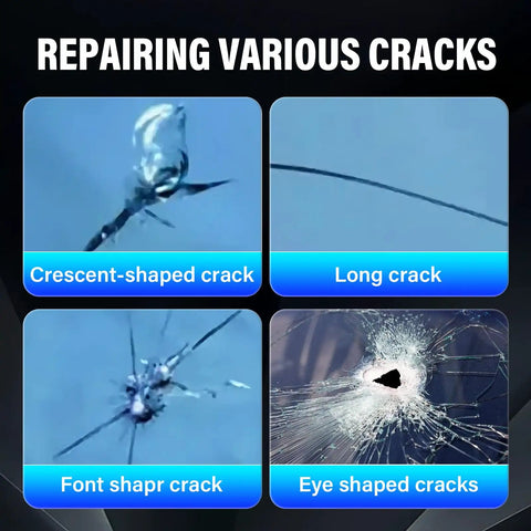 Two Piece Upgraded Windshield Crack Repair Kit for Cars and Daily Drivers, Quick Glass Fix in Minutes, showing various crack types