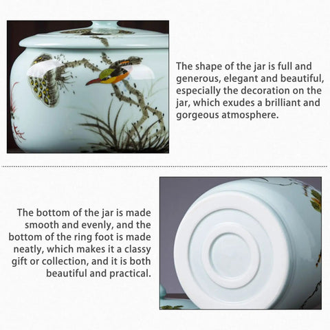 Big Capacity Chinese Ceramic Rice Jar With Airtight Lid Dispenser features elegant floral design and smooth, practical bottom.