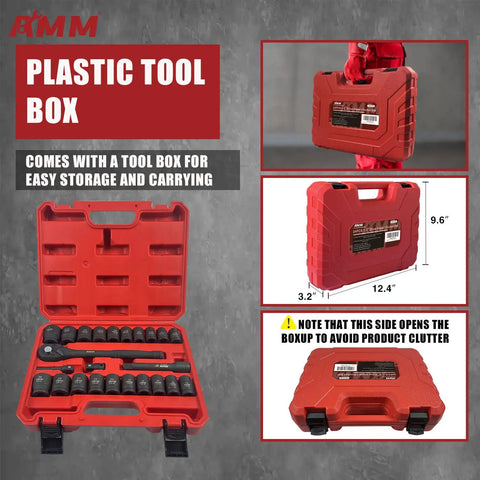 Plastic tool box for Half Inch Drive Impact Socket Set, 24 Piece Shallow SAE And Metric Sizes, Includes 72 Tooth Ratchet set