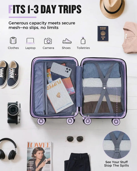 Open view of Underseat Carry On Luggage For Women 16 Inch Lightweight Spinner With Multi Compartment Layers And 360 Degree Wheels