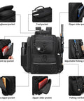 All Weather Fishing Backpack With Rod Holders And Tackle Storage, Heavy Duty Waterproof Oxford Bag With Side Pockets shown with items.