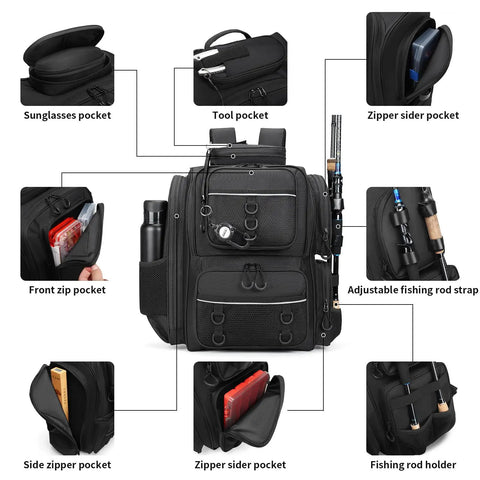 All Weather Fishing Backpack With Rod Holders And Tackle Storage, Heavy Duty Waterproof Oxford Bag With Side Pockets shown with items.