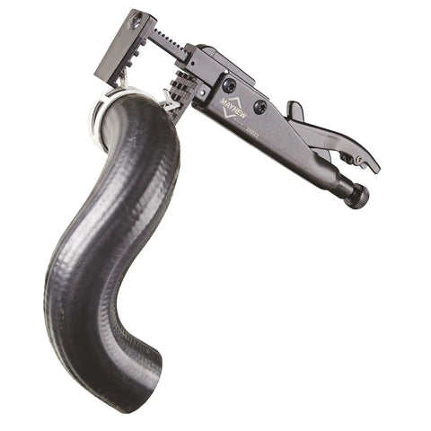90-Degree Locking Grip Hose Clamp Pliers for quick secure clamp removal, gripping black hose in tight spot, heavy-duty design