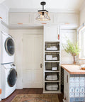 Farmhouse Pendant Light Fixture Rustic Beige Hanging Vintage Pendant Chandelier For Kitchen Island Dining Room Living Room Hallway And Entryway E26 Base With Cozy Rustic Vibe installed in a modern laundry room.