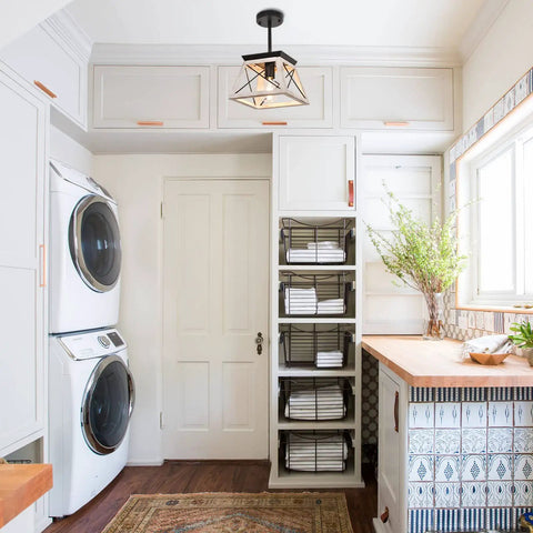 Farmhouse Pendant Light Fixture Rustic Beige Hanging Vintage Pendant Chandelier For Kitchen Island Dining Room Living Room Hallway And Entryway E26 Base With Cozy Rustic Vibe installed in a modern laundry room.