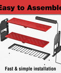 Power Tool Organizer With Charging Station Wall Mount For Garage, Cordless Drill And Battery Holder, Built In Surge Protected Power Strip, Heavy Duty Tool Shelf Rack In Red shown in exploded view for assembly.
