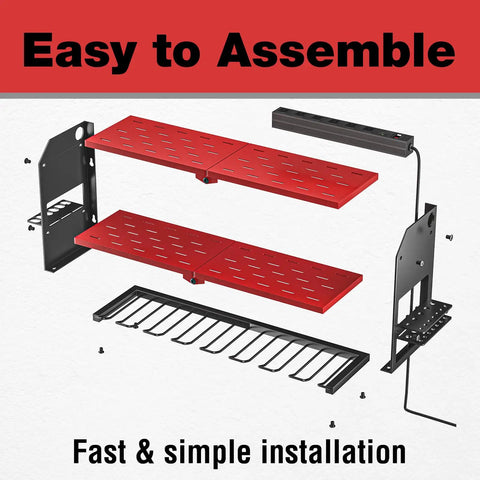 Power Tool Organizer With Charging Station Wall Mount For Garage, Cordless Drill And Battery Holder, Built In Surge Protected Power Strip, Heavy Duty Tool Shelf Rack In Red shown in exploded view for assembly.