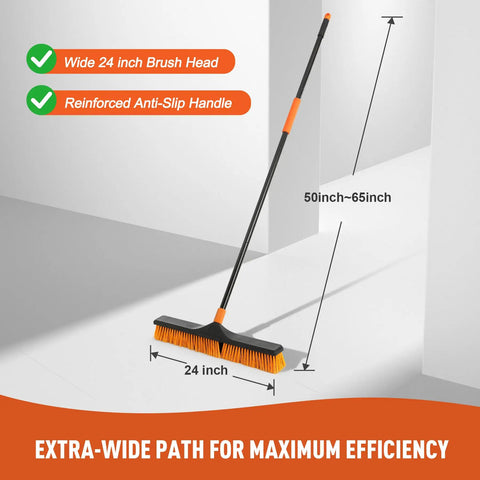 Solid 24 Inch Heavy Duty Push Broom Built Different To Handle The Daily Grind Sweeps Garages Decks Patios Yards Workshops And Concrete Floors Fast With Zero Hassle with wide brush head and adjustable handle.