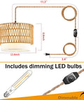 Super Chic Handwoven Rattan Plug In Pendant Light With Nifty Inline Dimmer And Removable Double Drum Shades For Low Key Cool Boho Kitchen Island Home Decor Flex with measurements and LED bulb.