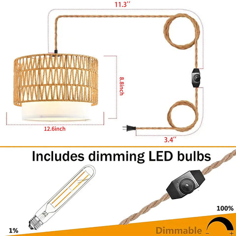 Super Chic Handwoven Rattan Plug In Pendant Light With Nifty Inline Dimmer And Removable Double Drum Shades For Low Key Cool Boho Kitchen Island Home Decor Flex with measurements and LED bulb.