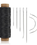 Waxed Leather Sewing Thread Kit With 55 Yard Spools And Pro Grade Needles, DIY Weave Repair For Upholstery, Car Interiors, Bags, Leather Craft, Canvas And Home Projects, 8Pcs Black showing black thread spool and needles