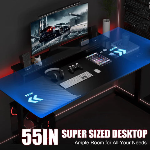 55 Inch Gaming Desk With LED Lights And Large Mouse Pad For Home Office, T Shaped Carbon Fiber Surface PC Game Workstation With Headphone Hook, Sturdy Build And Spacious Workspace showcasing a digital setup with accessories.
