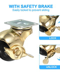 Gold 1.5 Inch Ball Caster Wheels With Brake, 4 Pack, 360 Degree Swivel Top Plate, showing lock and unlock positions.