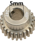 7075 Aluminum 48DP 5mm Pinion Gear Set With 20T 21T 22T 23T 24T Fits 5mm Shaft For One Tenth Scale RC Cars HPI Losi Axial Traxxas Tamiya 5 Pack Durable Aluminum Gears For Smooth Meshing, featuring 24T gear close-up showing 5mm bore and 48 pitch.